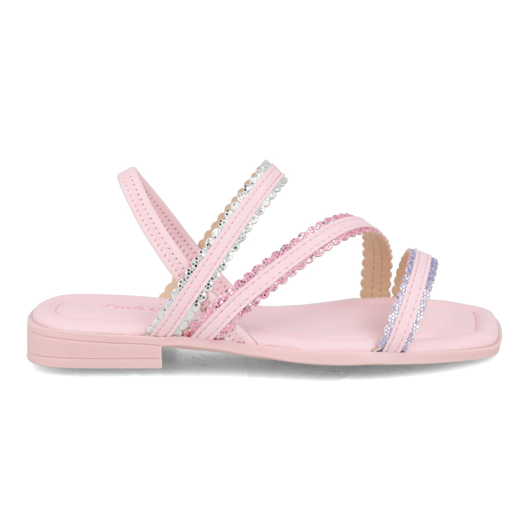 Sandália infantil rosa Pink Cats com tiras cruzadas e detalhes em pedras e lantejoulas prateadas e lilás